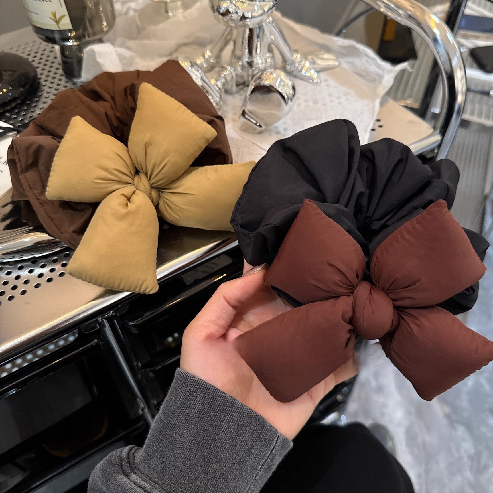 韩国东大门新款美拉德色系蝴蝶结大肠发圈丸子头盘发头绳发绳