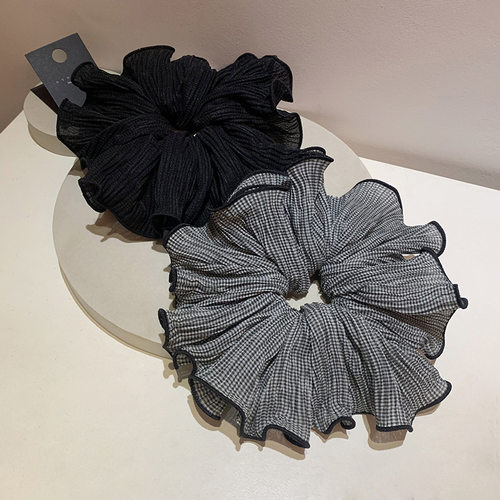 韩国时尚气质高级感黑灰百褶细格纹雪纺木耳边大号肠圈发圈头饰新