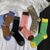 秋冬粗针棉线拼色柔软中筒潮袜欧美运动复古长袜个性 潮牌女袜
