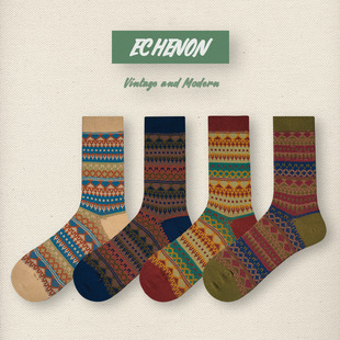 秋冬新款 民族风秋冬袜子潮牌女袜精梳棉无骨复古潮流女士中筒袜