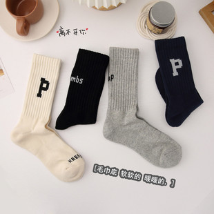 韩国P字母袜子男袜毛巾底毛圈加厚保暖长袜ins潮运动男女中筒AB袜