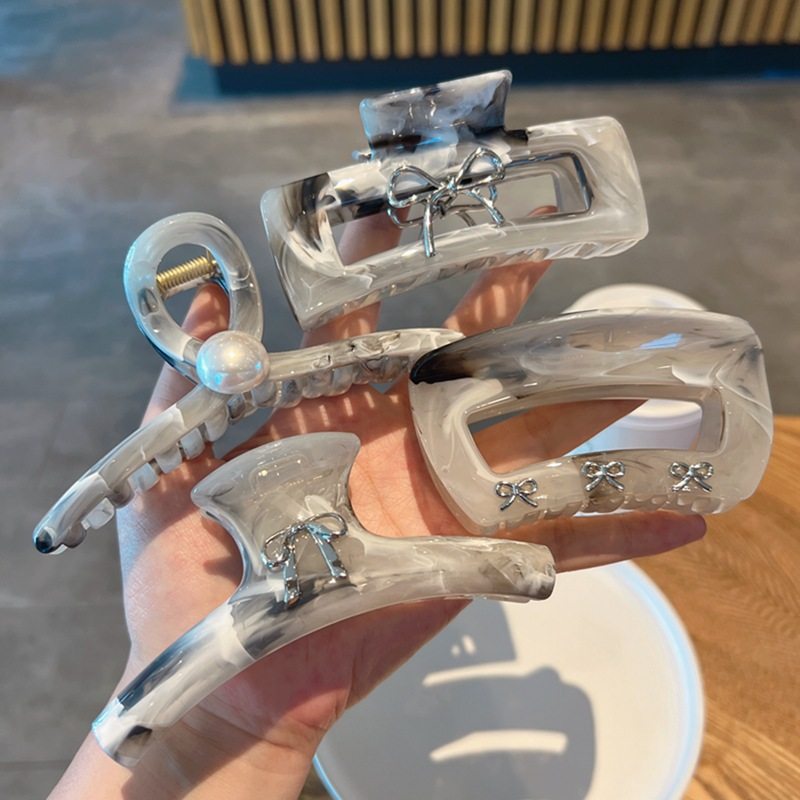 新中式水墨风大抓夹鲨鱼夹高级感蝴蝶结珍珠发卡后脑勺发夹发饰女