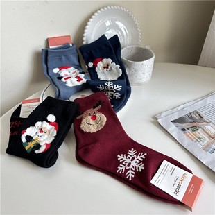 韩国进口kikiyasocks春秋冬卡通圣诞款 女士中筒棉袜子