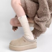 粗线袜子女秋冬白色日系针织堆堆袜长筒纯色字母布标小腿袜运动