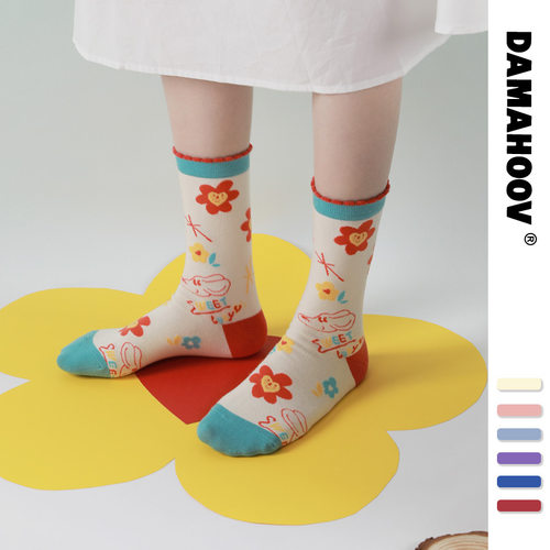 DAMAHOOV秋冬新品卡通狗狗少女可爱童趣ins风棉袜子女秋冬中筒袜