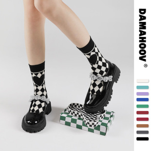 DAMAHOOV秋冬新品 情侣男袜 棋盘格ins风潮袜纯棉袜子女中筒袜厚款