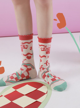 DAMAHOOV卡通插画可爱少女古着复古潮流fafa兔秋冬棉袜子女中筒袜