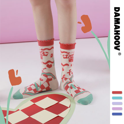 DAMAHOOV卡通插画可爱少女古着复古潮流fafa兔秋冬棉袜子女中筒袜
