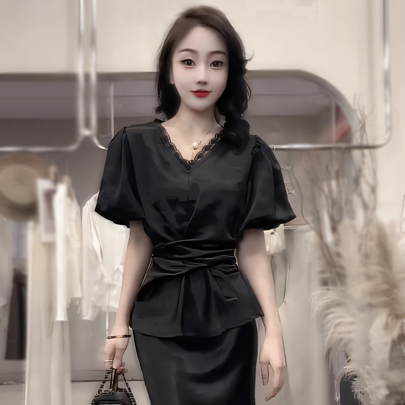 法式复古蕾丝拼接收腰绑带醋酸缎面小衫女士纯色V领短袖衬衫上衣