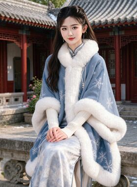 宽松连帽毛领加绒厚雪花斗篷披肩