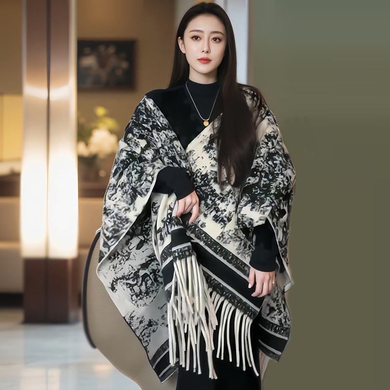 复古大码不规则流苏水墨画斗篷披肩女针织开衫外套中长款披风外搭