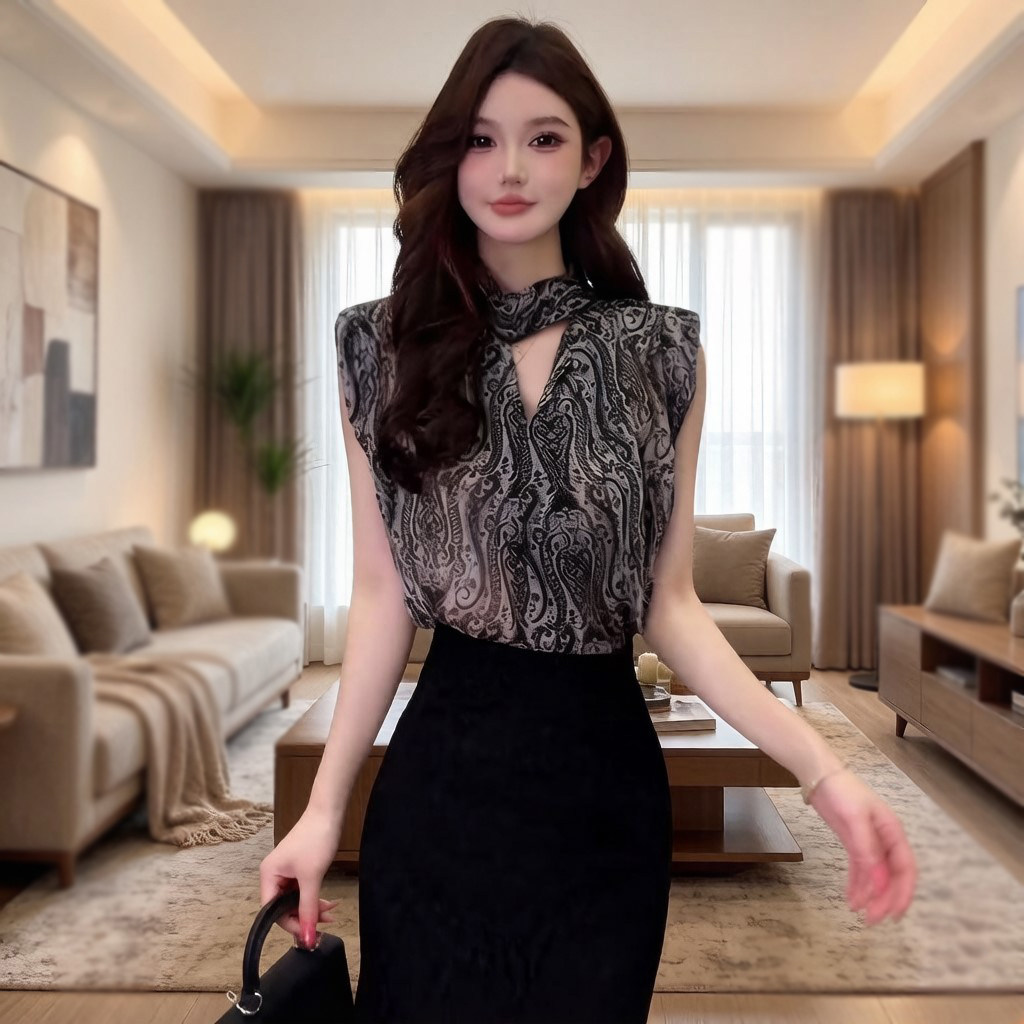 复古显瘦两穿飘带半高领无袖背心衬衫女上衣百搭乔其纱小衫坎肩夏
