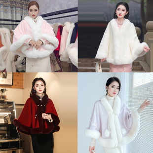 复古大码仿獭兔毛领不规则手工盘扣加绒厚斗篷披肩女旗袍披风外搭