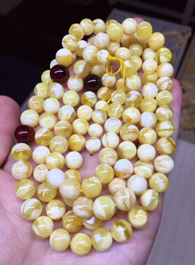 俄料蜜蜡 小年份 氧化 白花108 7.8mm31.5克 金白对比强烈 花纹美