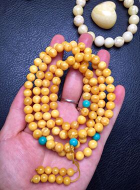 稀有 小年份 老蜜蜡 项链 白花108  浓郁诱人橘色 7.7mm 30.9克