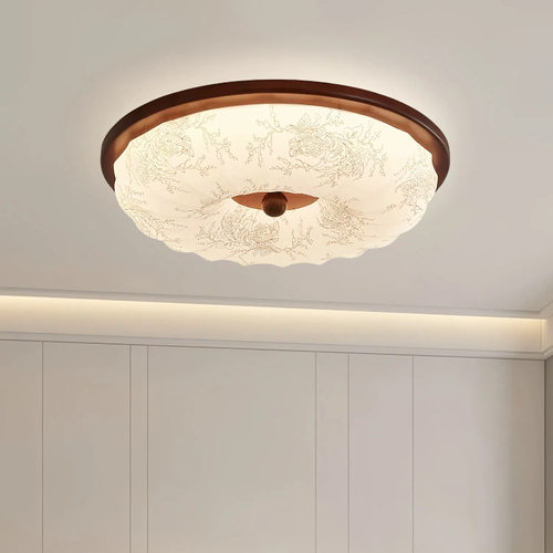 卧室吸顶灯中古风胡桃木色花纹灯