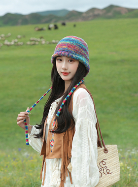 旅游穿搭防寒彩虹毛线帽子女秋冬季保暖护耳针织帽韩版撞色显脸小