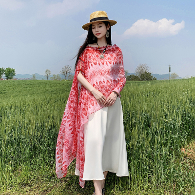 红色民族风丝巾盘扣披肩云南旅游拍照度假风防晒围巾百变斗篷夏季