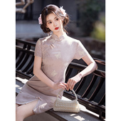 复古立领连衣裙日常可穿 旗袍女改良小个子年轻款 新中式 风粉色短袖