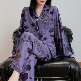 成人棉绸开衫 长裤 女士夏天睡衣套装 绵绸长袖 人造棉空调服夏季 薄款