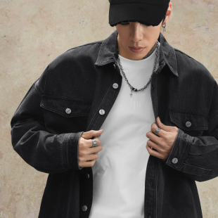 鹿家门原创潮牌老钱风痞帅宽松黑色牛仔男士 外套小众休闲2026 衬衫