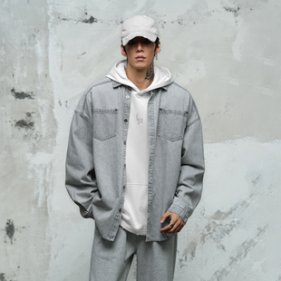 鹿家门牛仔衬衫外套宽松翻领日常休闲长袖上衣春季男款大码工装