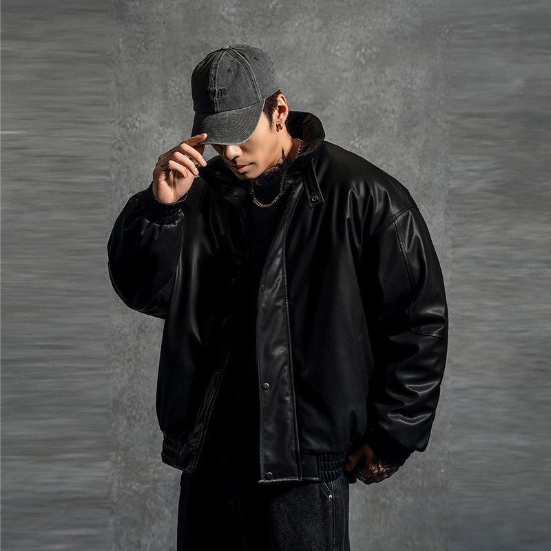 鹿家门大码男装春秋新款棉衣PU皮衣防风保暖棉服百搭男士夹克外套