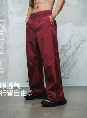 鹿家门拼接深红色梭织长裤2026春秋新款宽松直筒大码男士休闲裤