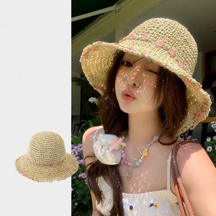 夏季防晒帽子女新款海边度假沙滩大檐草编渔夫遮太阳飘带草帽
