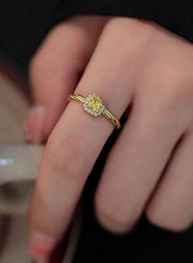 S925纯银黄水晶黄钻戒指女轻奢超闪小方糖麻花食指戒送闺蜜纪念戒