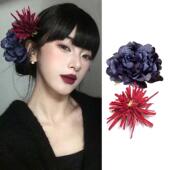东方红唇复古蓝色牡丹花朵发夹侧边头花发饰新中式 摄影拍照发饰女