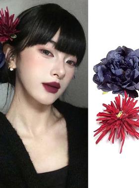 东方红唇复古蓝色牡丹花朵发夹侧边头花发饰新中式摄影拍照发饰女