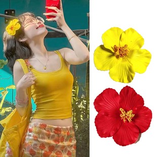 海边度假风橘色扶桑花发夹女侧边仿真花朵发饰出游拍照鸡蛋花头饰