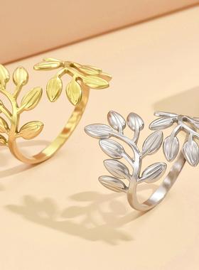 超仙森系树叶可调节不锈钢戒指