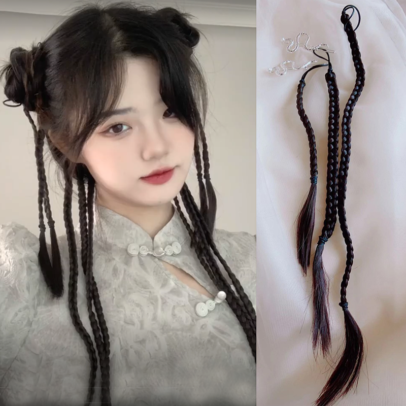 新中式丸子头假发辫子发绳发夹头饰中国风功夫少女网红同款麻花辫