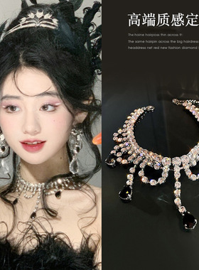 暗黑千金清冷感项链宫廷复古华丽满钻颈链多层重工锁骨链礼服配饰