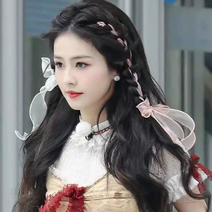 白鹿同款欧根纱丝带蝴蝶结编发带