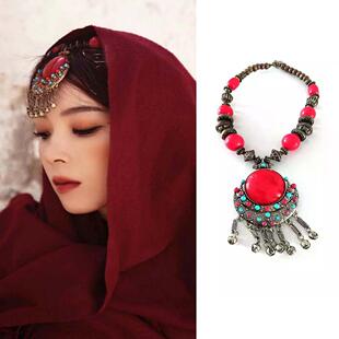 陈瑶同款民族风写真项链两用额头链拉萨藏服配饰彩色毛球编发头饰