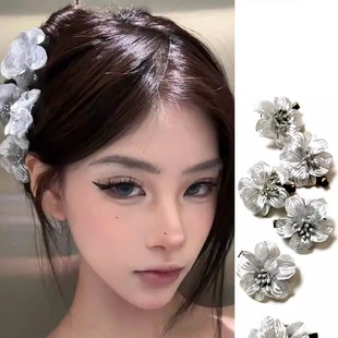 博主同款高级感银色花朵发饰头花发卡侧边夹丸子头上花花发夹头饰