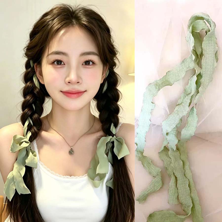 夏天丝带编发少女感清新抹茶绿色飘带发绳子甜妹发饰麻花辫蝴蝶结