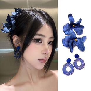 新中式复古蓝色蝴蝶兰花朵发夹侧边假花头饰花仙子走秀场绒布头花