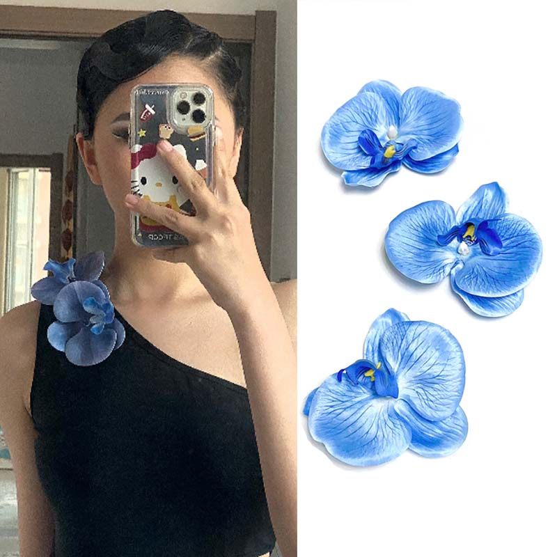 拉丁舞裙子配饰蓝色蝴蝶兰花发夹头花发饰花朵侧边夹发卡子头饰女