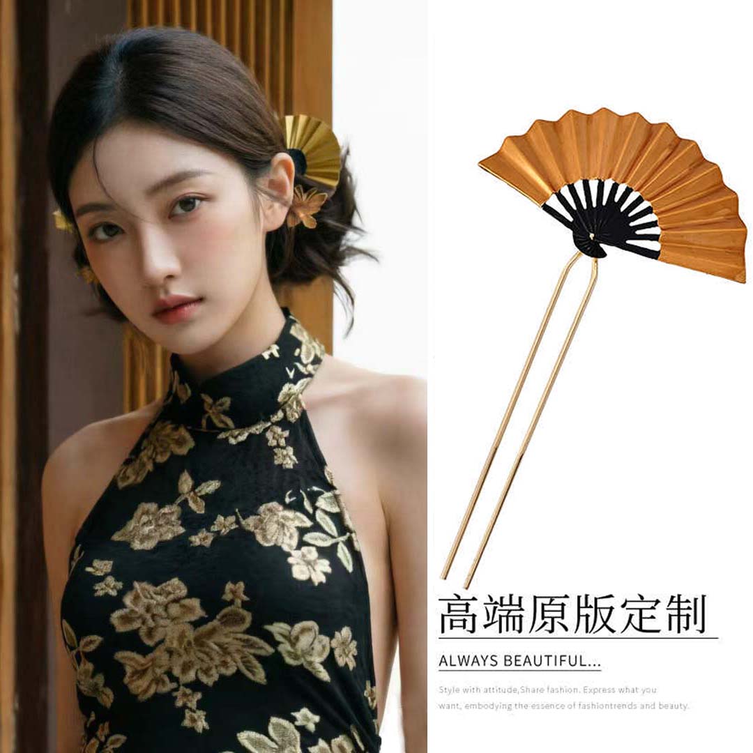 扇子新中式高端旗袍金色发钗古风图片