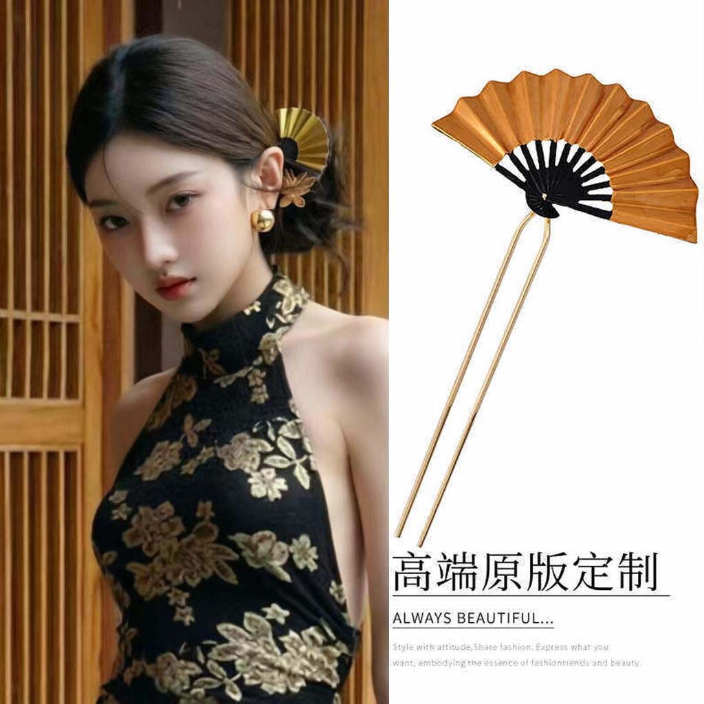 新中式古风金色扇子发簪女高端旗袍秀禾饰品新娘头饰新款舞蹈发钗