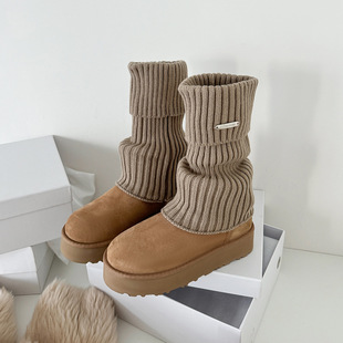 配堆堆袜超美~羊皮毛一体低筒雪地靴2024冬季厚底中跟保暖短靴女