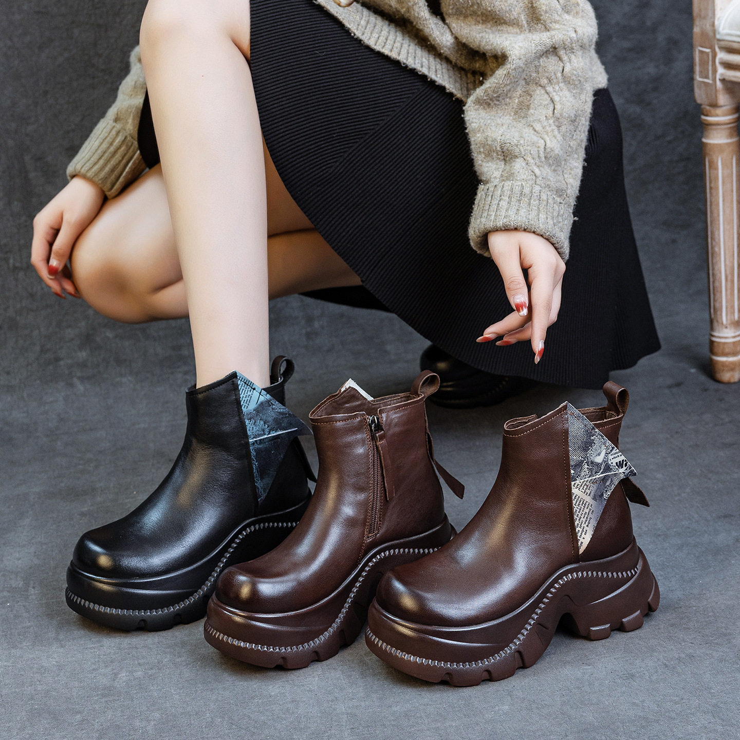 2025秋冬季新款真皮女靴发泡底轻便厚底加绒加棉短靴头层牛皮靴子