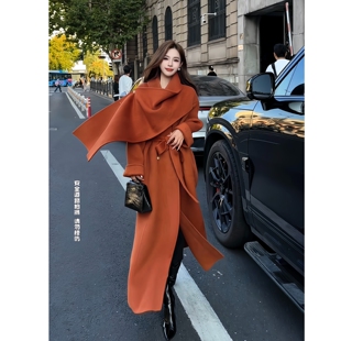 董小姐高端定制美拉德焦糖橘双面呢大衣女披肩领长款羊毛外套秋冬