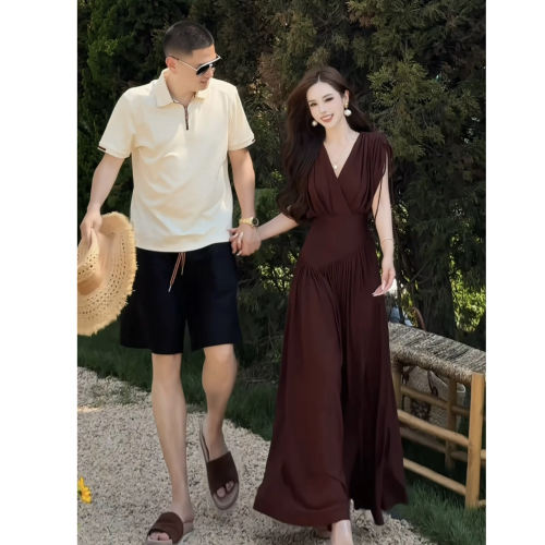 董小姐高端定制女装夏装新款肩膀抽带设计感束腰连衣裙长裙V领