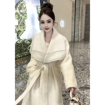 董小姐高端定制手工钉钻白色羊毛大衣女款2025新款冬加厚毛呢外套