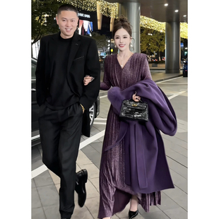 董小姐高端定制紫色长款束腰百褶连衣裙女2025新款冬装高级感裙子